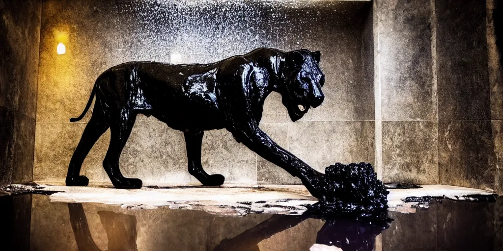 Prompt: the black lioness made of tar, bathing in the bathtub filled with tar, dripping tar, drooling goo, sticky black goo, photography, dslr, reflections, black goo, rim lighting, cinematic light, chromatic, saturated, slime, modern bathroom