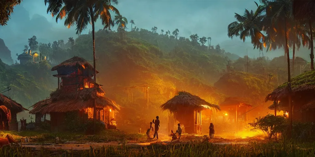 Prompt: establishing shot of a kerala village, an epic fantasy, dramatic lighting, cinematic, extremely high detail, photorealistic, cinematic lighting, matte painting, artstation, by simon stalenhag, Uncharted 4: A Thief's End