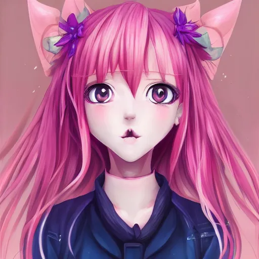 Prompt: beautiful portrait painting of an anime girl, cute, pink hair, symmetrical face, symmetrical eyes, two identical symmetrical eyes, portrait, beautiful girl, artstation, trending on artstation, gorgeous, smooth skin, cutie, long hair, fantasy style, pastel colors , forest background, FHD