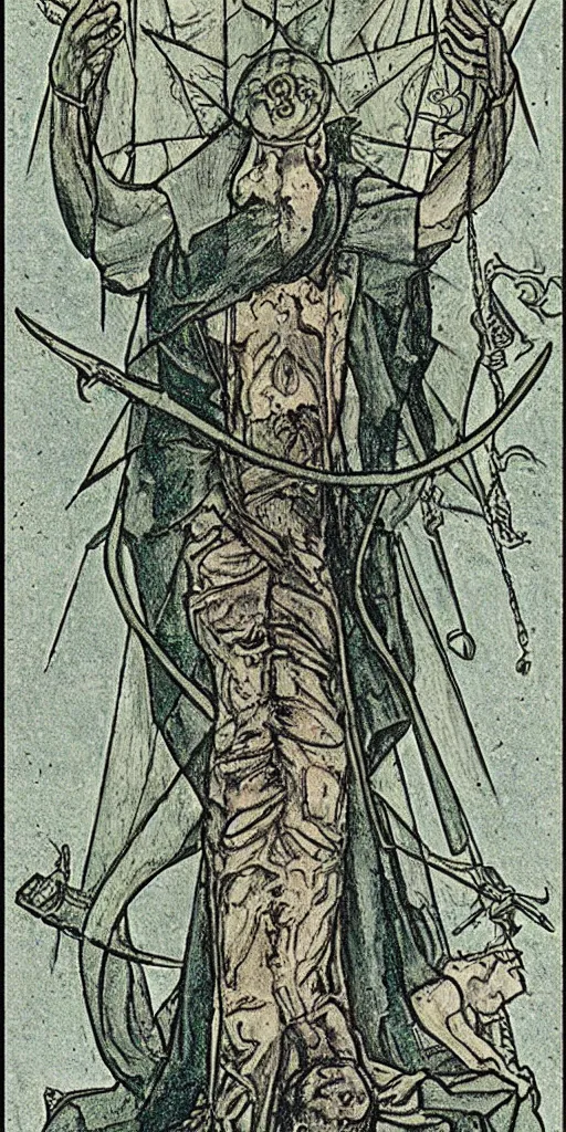 Prompt: five of swords tarot card by austin osman spare