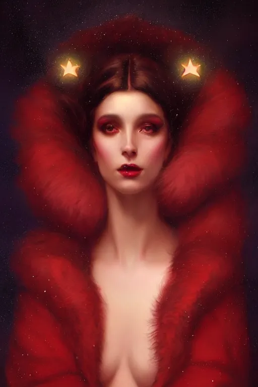 Prompt: Nocturne, glowing, stars, a portrait of a beautiful female shadow djinn creature with long fur collar, highly detailed, mysterious, ethereal, dressed in red violet velvet, haute couture, illustration, dramatic lighting, soft details, painting, by Edmund Blair Leighton, Brom, Charlie Bowater, trending on artstation, faces by Tom Bagshaw, otto schmidt