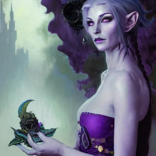 Image similar to half length portrait of a beautiful female drow elf warlock, indigo skin, violet magic, silver hair, black imp familiar, royo, klimt, miro, vallejo, frazetta, alphonse mucha, greg rutkowski, whealan