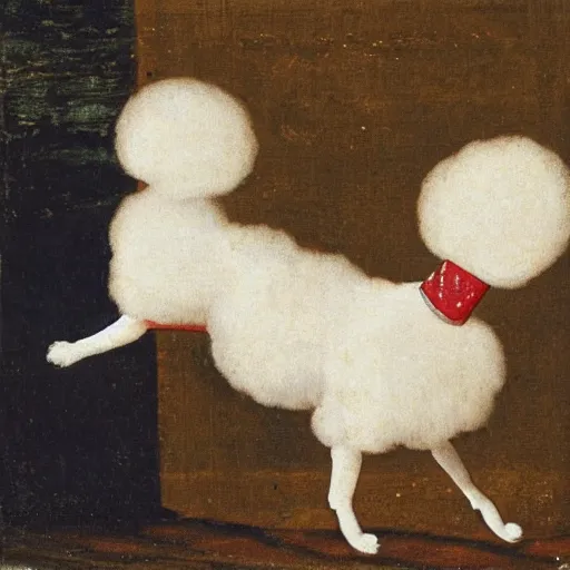 Image similar to bichon frise dog wearing a jester costume and dancing, medieval painting