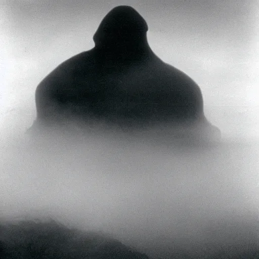 Image similar to old black and white photo of a distant giant monster peeking through the fog, creepy, scary, surreal,