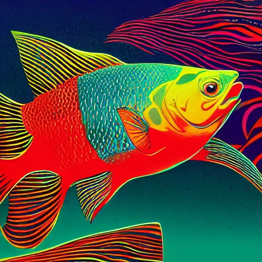 Image similar to one stylized fish with saturated colors viewed in profile in the very desaturated ocean filled with complex sparkles and patterns, artstation, intricate, realistic, highly detailed, digital painting, concept art, sharp focus, illustration by tom whalen and charles williams and kilian eng and james jean