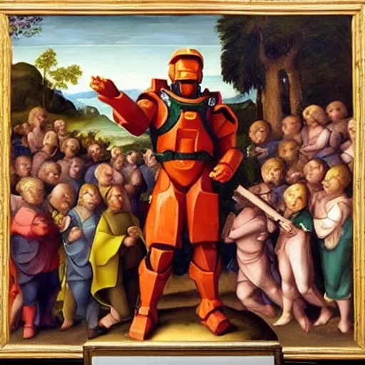 Prompt: a beautiful renaissance painting of Master Chief from Halo wearing a beret, holding a paint brush, in front of a class of young aliens.