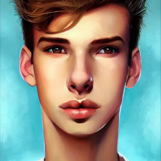 Image similar to colorful Captivating teenage boy with brown blond short quiff hair and thin slightly round facial structure with cleft chin, bumpy nose, good definition of cheekbones, Alert brown eyes, narrow face, slim body, atmospheric lighting, painted, intricate, 4k, highly detailed by Charlie Bowater