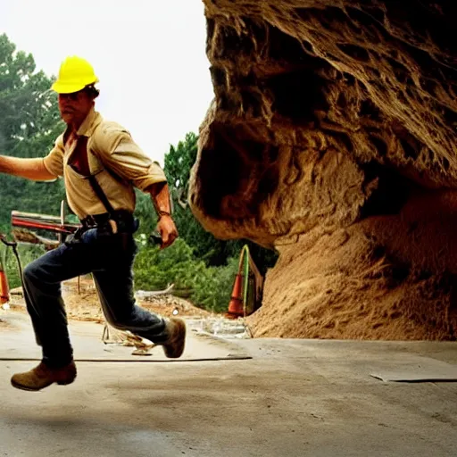 Image similar to indiana jones running away from a construction worker in a cave