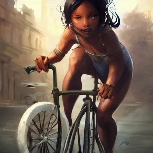 Image similar to short woman dark skin, black hair, pony tail with a old cicycle by Stanley Artgerm Lau, WLOP, Rossdraws, James Jean, Andrei Riabovitchev, Marc Simonetti, Yoshitaka Amano, ArtStation, CGSociety