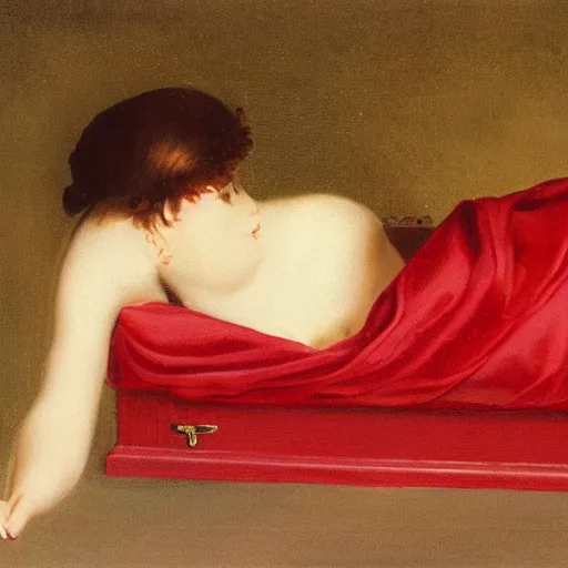 Image similar to - i full - bodied beautiful girl dead in a red coffin wood box, aristocrat