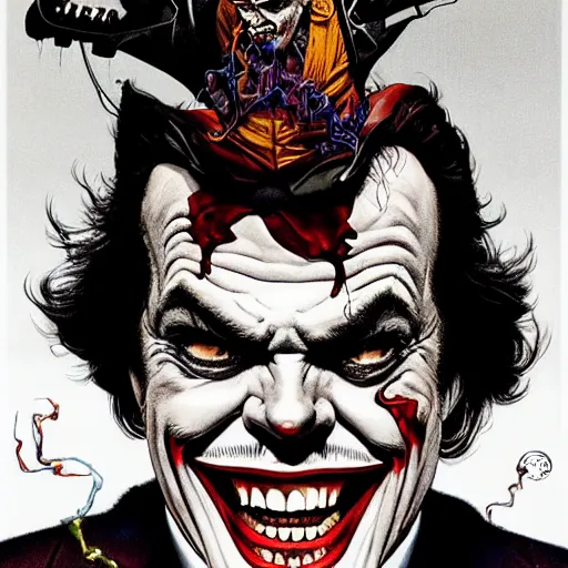 Image similar to portrait of crazy jack nicholson joker, symmetrical, by yoichi hatakenaka, masamune shirow, josan gonzales and dan mumford, ayami kojima, takato yamamoto, barclay shaw, karol bak, yukito kishiro