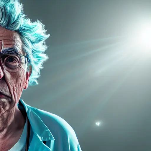 Image similar to portrait of old rick sanchez, lab coat and tee shirt, lens flare, atmosphere, glow, detailed, intricate, full of colour, cinematic lighting, 4 k, hyperrealistic, focused, extreme details, cinematic, masterpiece