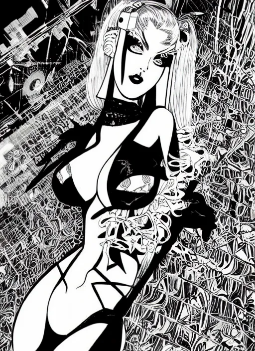 Prompt: lili st. cyr as a cyberpunk dancer, science fiction comic illustration by ken taylor and takato yamamoto, intricate, stunning inking lines, hyper detailed, 4 k, hd, award winning, photorealistic