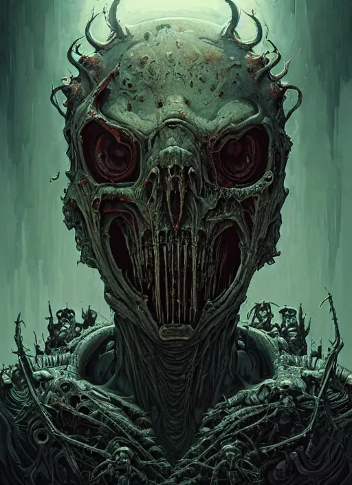 Image similar to epic doom undead monarch, highly detailed portrait concept art, josan gonzalez, greg rutkowski, h. r. giger, zdizslaw beksinski, threyda, majestic cinematic masterpiece, psychedelic backlit, movie poster character, intricate, biomechanical, smooth, trending on cgsociety