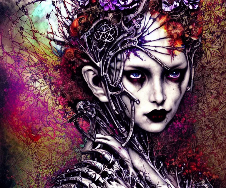 Image similar to gothic mute hybrid cyborg warrior girl of flowers, cybor clothes shaping love!, freedom fighter, eerie, cinematic, epic, 8 k, ultra realistic,. | a psychedelic, illustration by albrecht durer, concept art in style of carne griffiths artwork by xsullo. | backround of beautiful floweres floatingby elson, peter kemp, peter