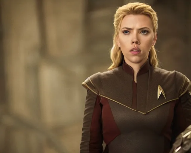 Image similar to starfleet uniform, scarlett johansson, in starfleet uniform, playing lagertha in a scene from the tv series vikings, directed by christopher nolan