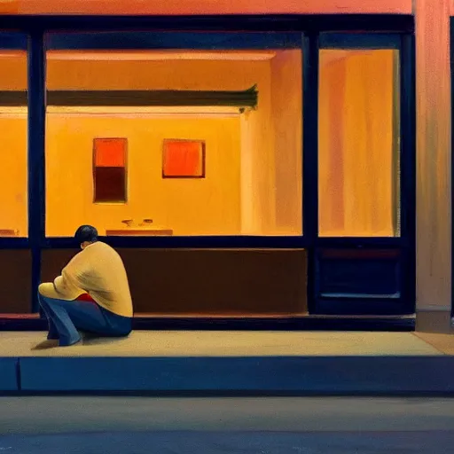 Image similar to a lonely street at night with a sad man in a jacket sitting on the street, in the style of Edward Hopper, 4K,