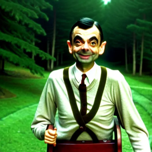 Image similar to mr. bean as forest gump. movie still. cinematic lighting.