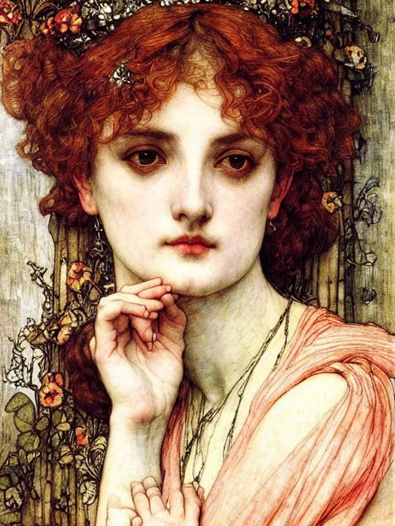 Image similar to Goddess. Extremely high detail, details, realistic, masterpiece, colorful. Portrait painting by Arthur Rackham, Eugene de Blaas, Frederic Leighton