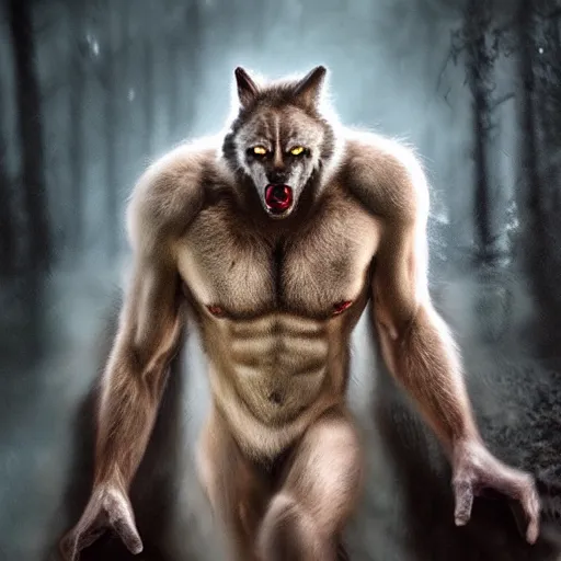 Prompt: cinematic shot epic portrait werewolf, hyper realistic, mood lighting, fantasy, detailed face, highly detailed, super realistic, perfect lighting