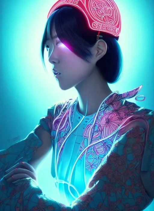 Image similar to wide angle portrait shot of female japanese android wearing a vr headgear and in a very detailed and intricate kimono dress, hologram hovering around her, intricate detail, cyber neon lighting, highly detailed, artstation, glamor pose, concept art, art by peter mohrbacher and artgerm, pinterest, artstation,