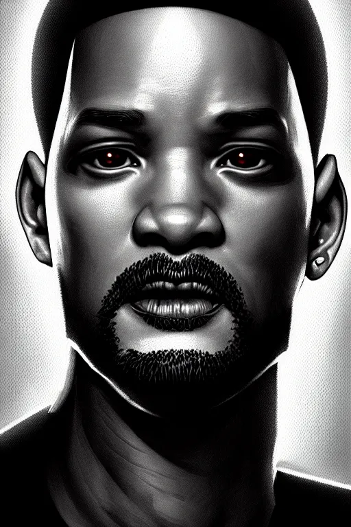 Image similar to portrait of cyberpunk will smith, grim - lighting, high - contrast, intricate, elegant, highly detailed, digital painting, artstation, concept art, smooth, sharp focus, illustration