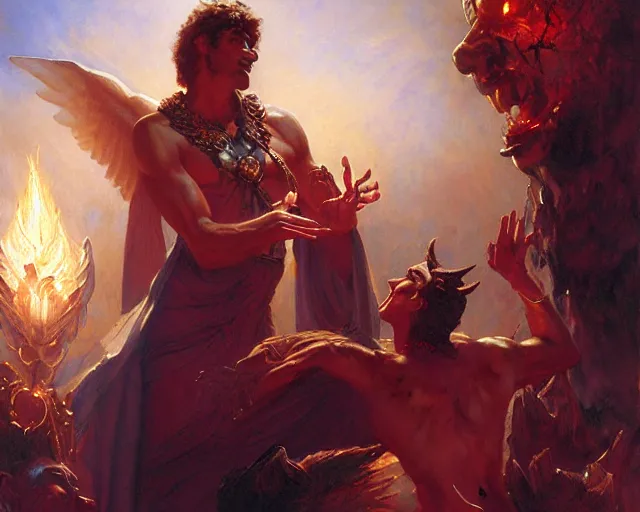 Image similar to attractive male deity, casting demonic magic, summoning handsome lucifer morning star. highly detailed painting by gaston bussiere, craig mullins, j. c. leyendecker 8 k