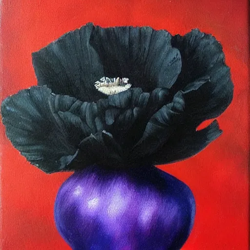 Image similar to black blue and purple papaver flower, oil painting