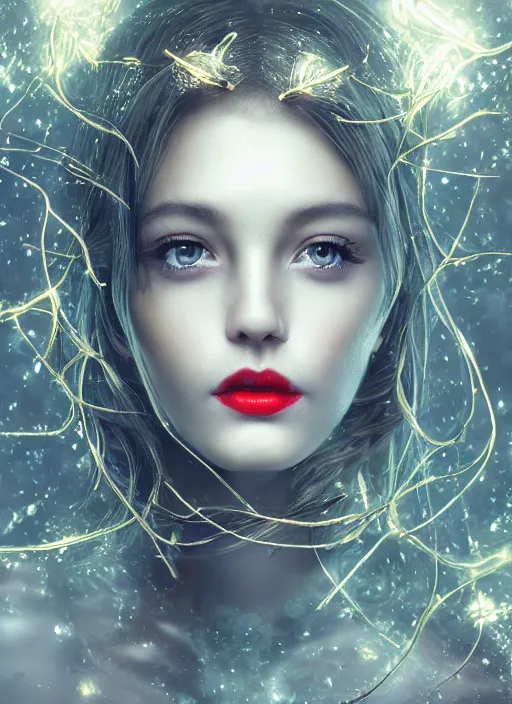 Image similar to glowing silver and golden elements, full close-up portrait, young female portrait model from shutterstock as a dark witch, book cover, green forest, white moon, red lips, establishing shot, extremly high detail, photo-realistic, cinematic lighting, pen and ink, intricate line drawings, by Yoshitaka Amano, Ruan Jia, Kentaro Miura, Artgerm, post processed, concept art, artstation, matte painting, style by eddie, raphael lacoste, alex ross