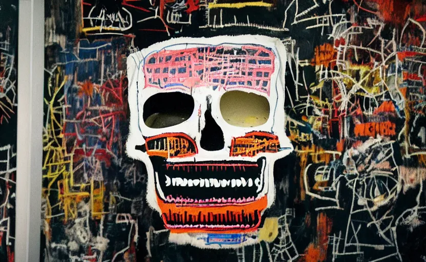 Prompt: photograph of basquiat skull machine perfect composition masterpiece dramatic lighting