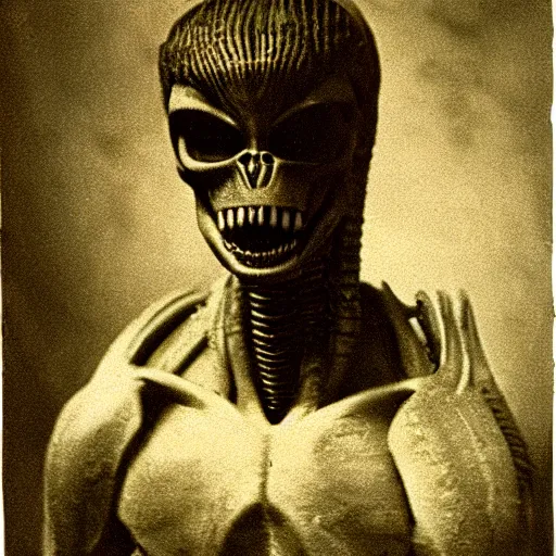 Image similar to photograph of xenomorph by edwardian, male, 1 9 0 0 s, 1 9 1 0 s, grainy, slightly blurry, faded, realistic face