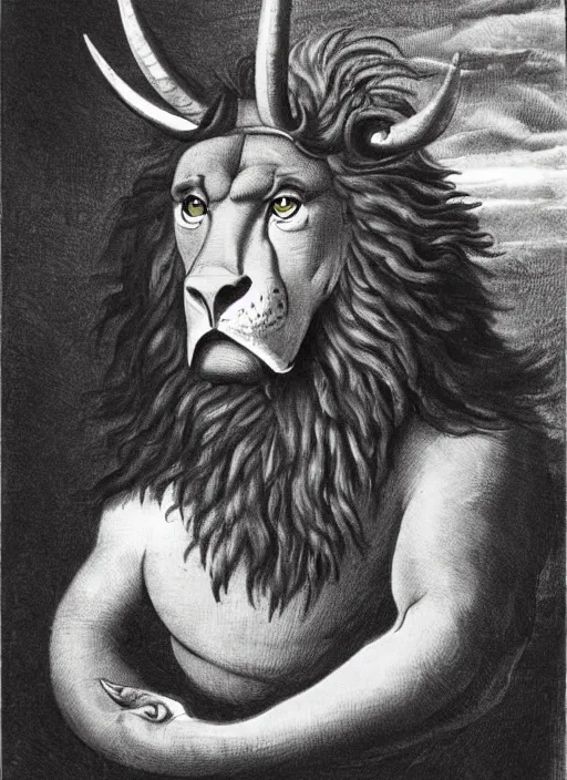 Image similar to a mighty strong creature with the body and eyes of a man, with the beak of an eagle, the mane of a lion, and the horns of an ox. drawn by francis bacon