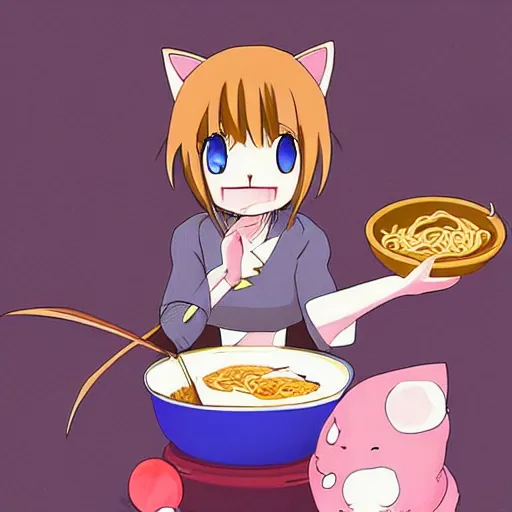 Prompt: anime catgirl eating ramen protecting her bowl claws out hissing