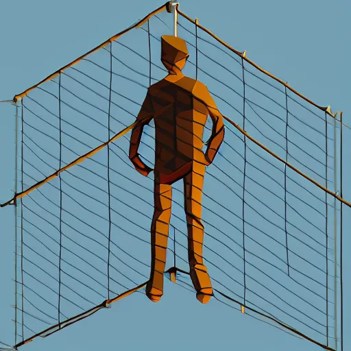 Image similar to a high wire fence looming over a man, low poly, dystopian art, 2 d game art