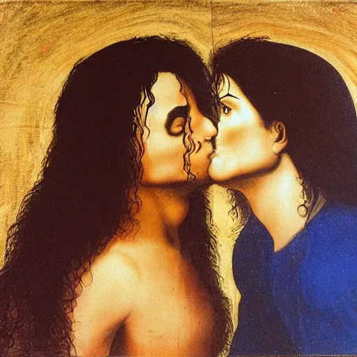 Image similar to alex jones and michael jackson kissing, da vinci painting,