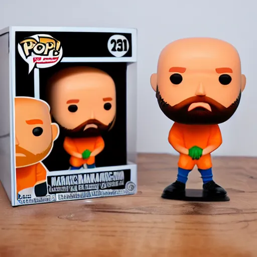 Image similar to funko pop bald man with a large orange beard in funko pop box