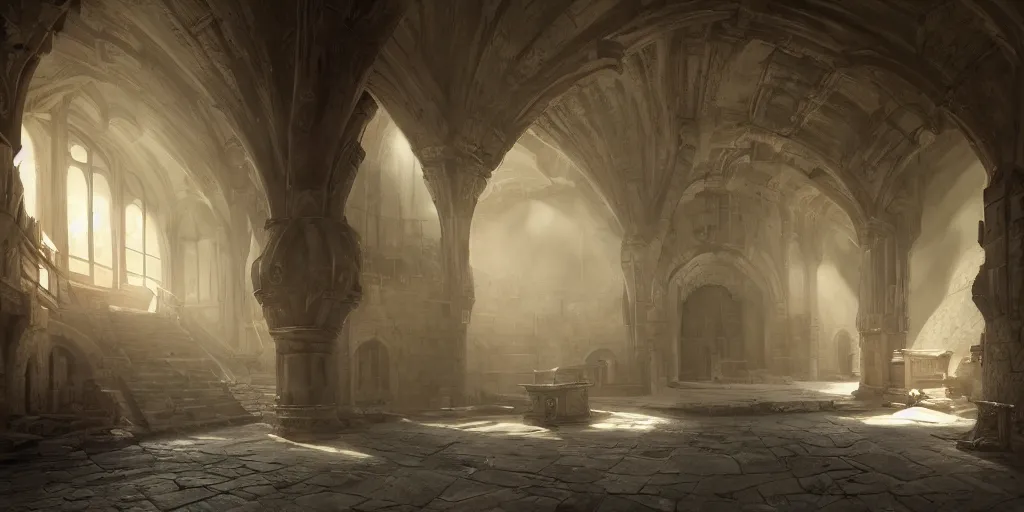 Image similar to interior of a castle, beautiful dynamic lighting, cinematic, wide angle establishing shot, extremely high detail, photo realistic, cinematic lighting, post processed, concept art, artstation, matte painting, style by eddie mendoza, raphael lacoste, alex ross, volumetric lighting, light rays, photorealistic, ultrarealistic, moody, coronarender, 8 k