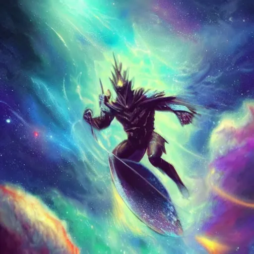 Prompt: armored sorcerer surfing on a nebula, rich epic dynamic artwork