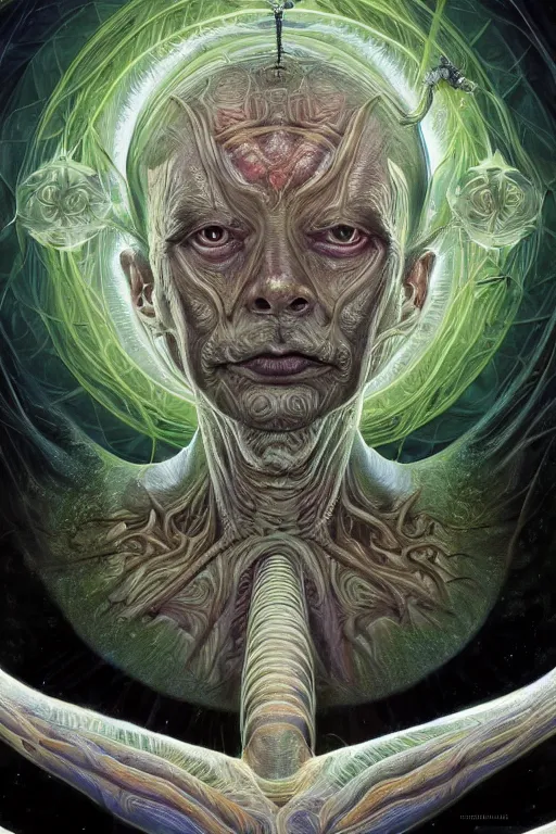 Prompt: cinematic portrait of an alien god emperor. Centered, uncut, unzoom, symmetry. charachter illustration. Dmt entity manifestation. Surreal render, ultra realistic, zenith view. Made by hakan hisim feat cameron gray and alex grey. Polished. Inspired by scifi painter glenn brown. Decorated with Sacred geometry and fractals. Extremely ornated. artstation, cgsociety, unreal engine, ray tracing, detailed illustration, hd, 4k, digital art, overdetailed art. Intricate omnious visionary concept art, shamanic arts ayahuasca trip illustration. Extremely psychedelic. Dslr, tiltshift, dof. 64megapixel. complementing colors, Trending on artstation, deviantart