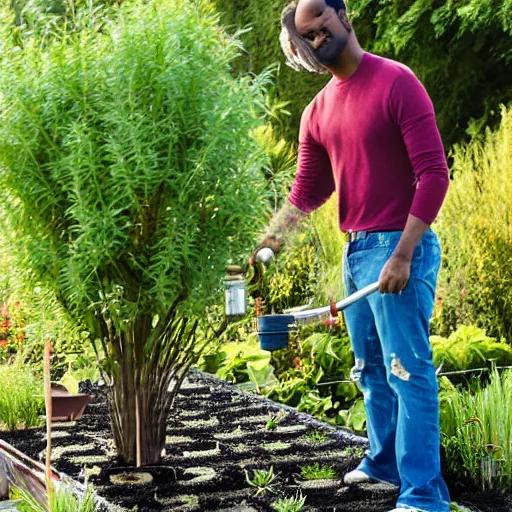 Image similar to a realistic photograph of Crazetopher David Blazing III watering his plants at the Golden hour for home and gardens magazine