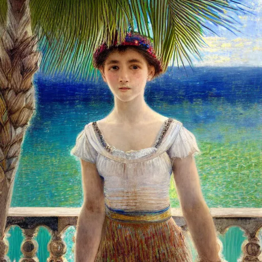 Image similar to a ultradetailed beautiful painting of a girl in the amazonas palace balustrade designed by jules bastien - lepage, hans belmer, frank weston and gustave baumann, beach, trending on artstation, mediterranean, palm trees, refracted color sparkles, sharp focus, soft light, 8 k 4 k