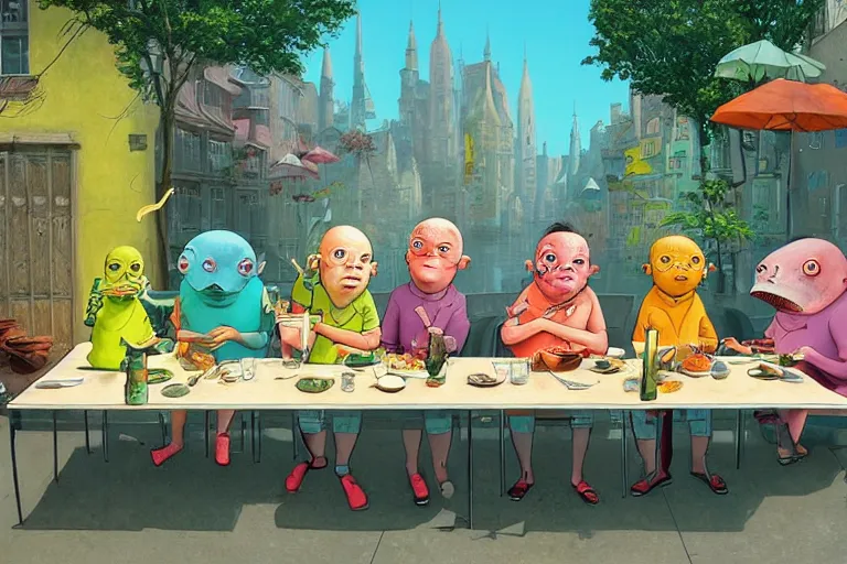 Image similar to 4 happy friends eating fish outside in a restaurant in the city, summer morning, very coherent and colorful high contrast, art by gediminas pranckevicius, geof darrow, dark shadows, hard lighting