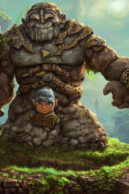 Image similar to zelda fantasy art giant golem troll wood rock greeble gemstone, global illumination ray tracing hdr fanart arstation by sung choi and eric pfeiffer and gabriel garza and casper konefal