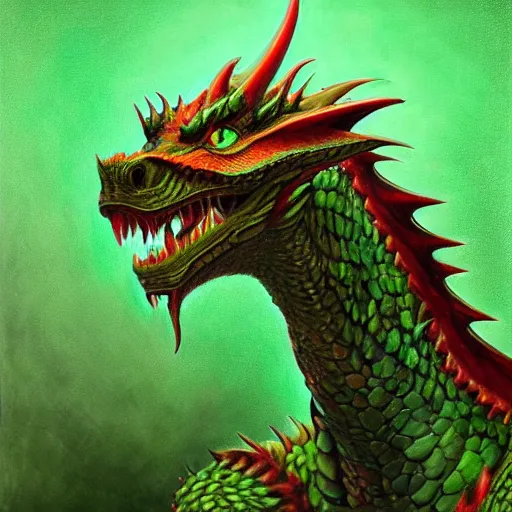 Image similar to realistic, portrait, painting, large green dragon, kodachrome, cgi, hd, detailed