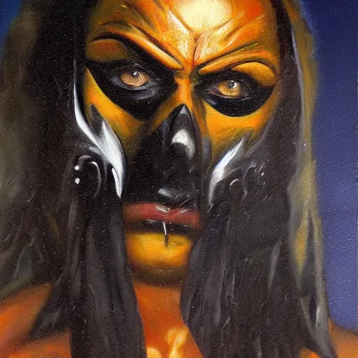 Image similar to detailed oil painting dark shaman wearing Raven mask by Phil hale