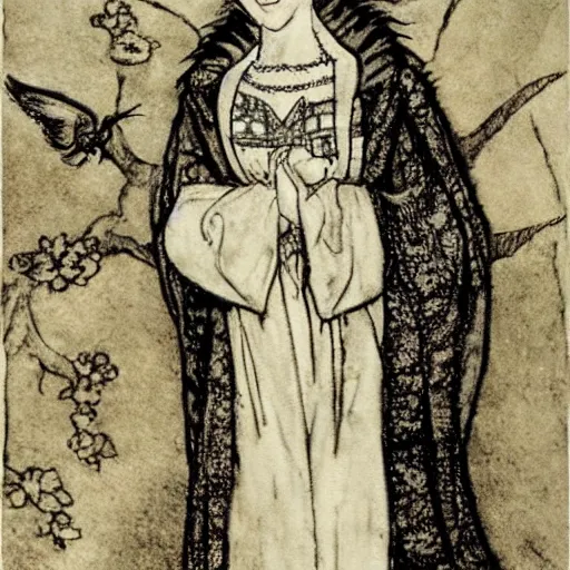 Image similar to anne boleyn with bird wings, she is very sad, full body shot, in the style of arthur rackham