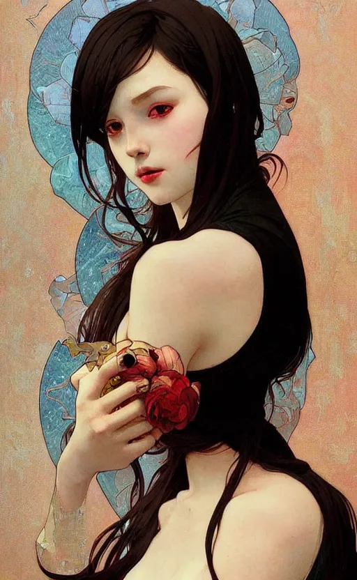 Image similar to egirl!!!!! aesthetic!!!! girl painting by tran nguyen ilya kuvshinov ( ( ( alphonse mucha ) ) ) and greg rutkowski