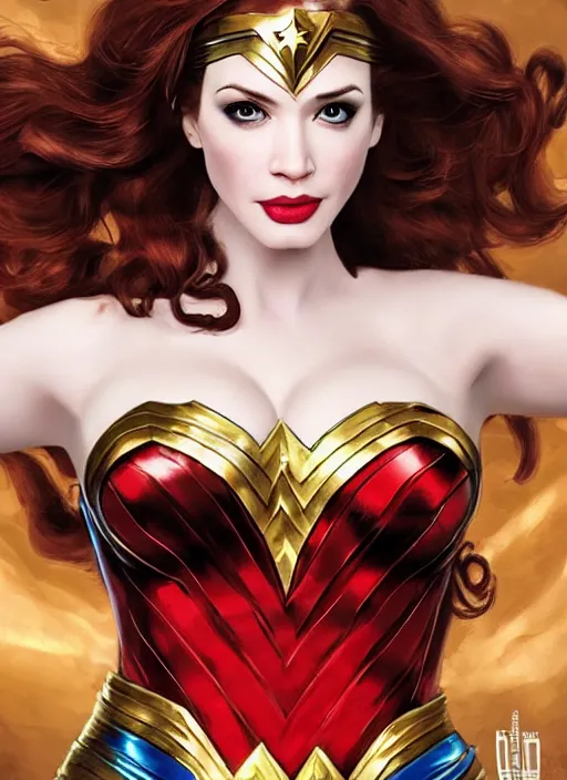 Image similar to full length photo of gorgeous christina hendricks dressed as wonder woman in the style of stefan kostic, realistic, sharp focus, 8k high definition, insanely detailed, intricate, elegant, art by stanley lau and artgerm