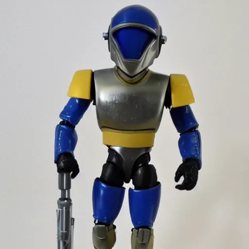 Image similar to 1980s Kenner Style Action Figure, 5 points of articulation, sci-fi, sleek helmet, full body, 4K, highly detailed