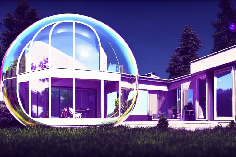 Image similar to a home built in a huge Soap bubble, windows, doors, porches, awnings, middle of SPACE, cyberpunk lights, Hyper Detail, 8K, HD, Octane Rendering, Unreal Engine, V-Ray, full hd